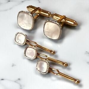 Antique Krementz Cufflinks and Stud Set Mens 10k Gold Filled Mother of Pearl